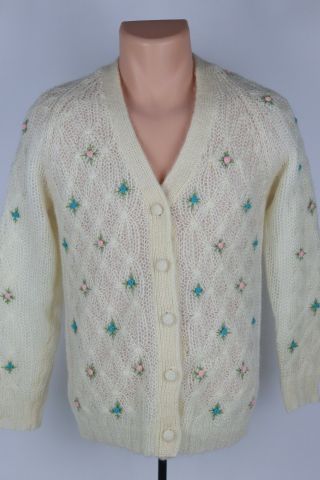 Vintage Full Fashioned Womens Mohair Wool Blend Intricate Knit Cardigan Sweater