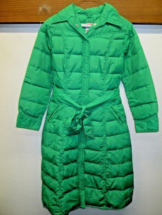 Vtg 1970s Frostline Kit Long Knee Length Green Belted Goose Down Coat Size Small