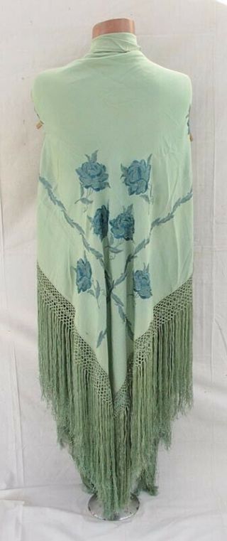 Vintage 1920s Green Silk Piano Shawl With Floral Embroidery & Macrame Fringe