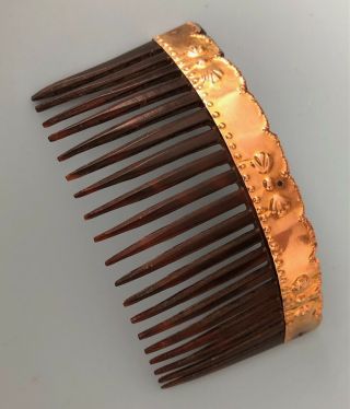 Large Antique Embossed 14k Yellow Gold And Tortoise Shell Hair Comb Rare
