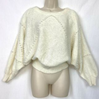 Vintage Angora Sweater S Pearl Trim Krizia White Puff Batwing Sleeve Small 80s