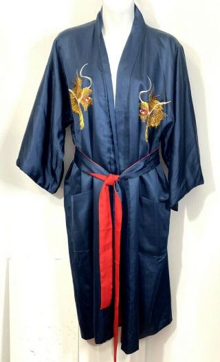 Japanese 100 Silk Dragon Kimono Robe Hand Embroidered Blue Red One Size