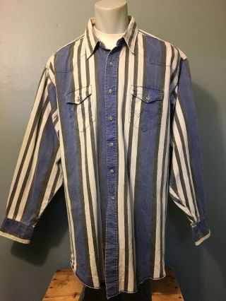 Vtg 80s 90s Wrangler Denim Western Shirt Mens 3xl Cowboy Blue Striped Usa Brush