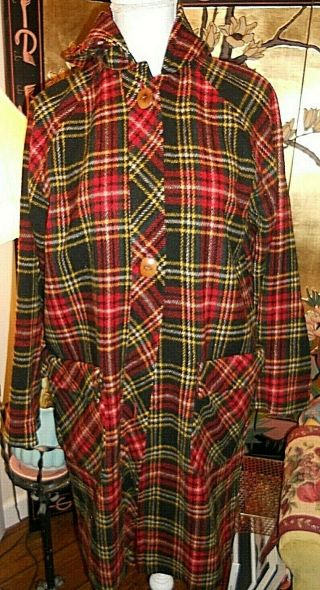 Htf Cute 60s John Meyer Of Norwich Wool Red Holiday Plaid Coat W/hood 36 " Bust