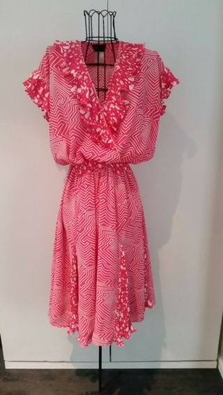Diane Freis Vintage 80s Georgette Dress Pink Polka Pleats & Ruffles One Size Vgc