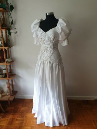 Vintage Wedding Dress Puff Sleeve Gown 80s 1980 