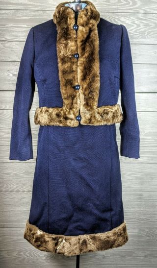 Jackie O Style Vintage Dress And Jacket Set Navy With Fur Trim Custom Made