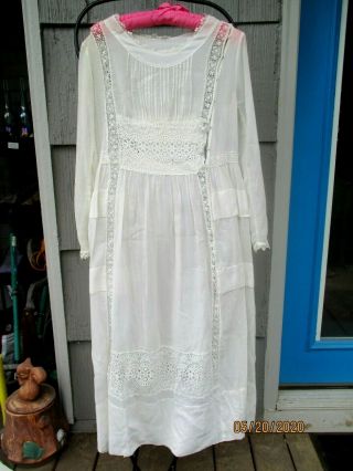 Antique Authentic Victorian White Gauze Dress Lace Size M