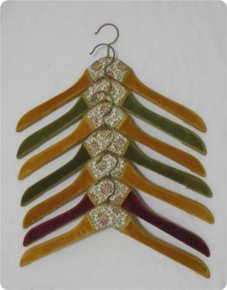 Vintage Antique 7 Velvet,  Silk Fabric With Lace Covered Wood Clothes Hangers 2