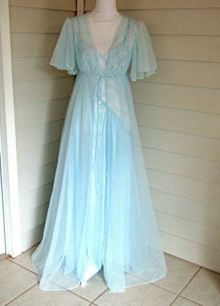 Val Mode Peignoir Set Nightgown & Sheer Robe Size Medium Blue Lace Vintage
