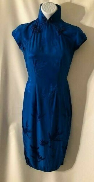 Vtg Hand Tailored Electric Blue Silk Chinese Cheongsam,  Qipao,  Dress Xs 2 - 4