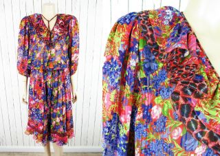 Vintage 80s Diane Freis Print Tassel Tie Georgette Ruffle Gypsy 2pc Dress S/m