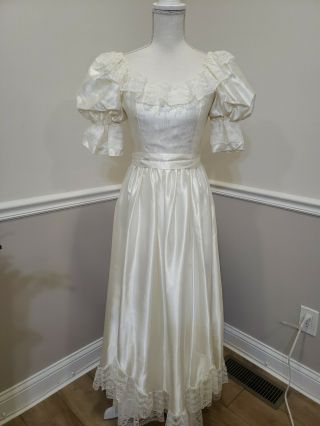 Zum Zum Vintage 80s Ehite Satin Lace Southern Belle Prom Party Dress