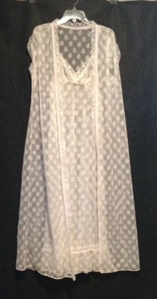 Val Mode Peignoir Set Nightgown & Robe Size Medium Soft Sheer White Lace Vintage