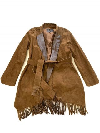 Chi By Falchi Vintage Western Boho Fringe 1980s Leather Suede Trench Coat Size M
