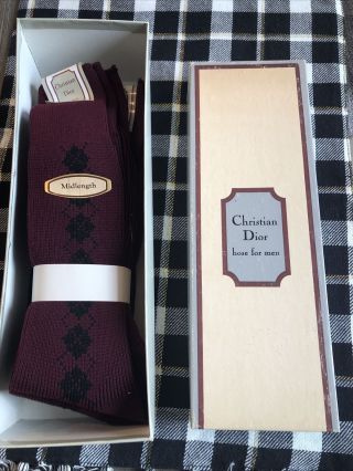 Vintage Box Of 4 Prs Mens Socks Christian Dior Burgundy Diamond 10 - 13 Nos Nib
