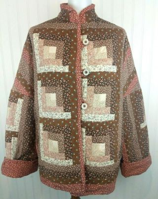 Vintage Handmade Patchwork Quilt Jacket Coat Log Cabin Calico Prairie Browns 80s