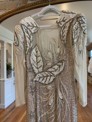 Vintage 80’s Beaded Sequin Gown Longsleeve Formal Sheer Peach Champagne Dress 2