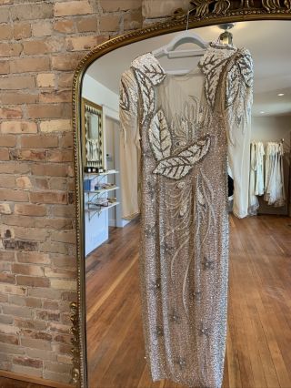 Vintage 80’s Beaded Sequin Gown Longsleeve Formal Sheer Peach Champagne Dress 3