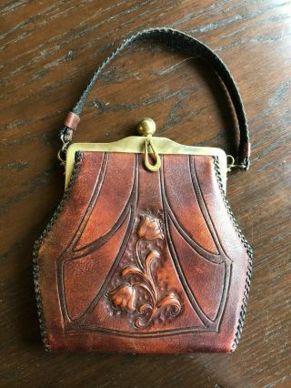 Antique Arts & Crafts Hand Tooled Leather Purse W/push Clasp Art Nouveau