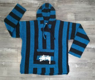 90s Vintage Stussy Baja Hoodie Mexican Blanket Pullover Poncho Jacket Black Blue