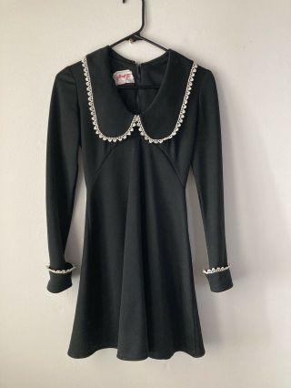 Vtg 60s 70s Dolly Rocker Mod Psych Mini Dress Long Sleeves Goth Xs S