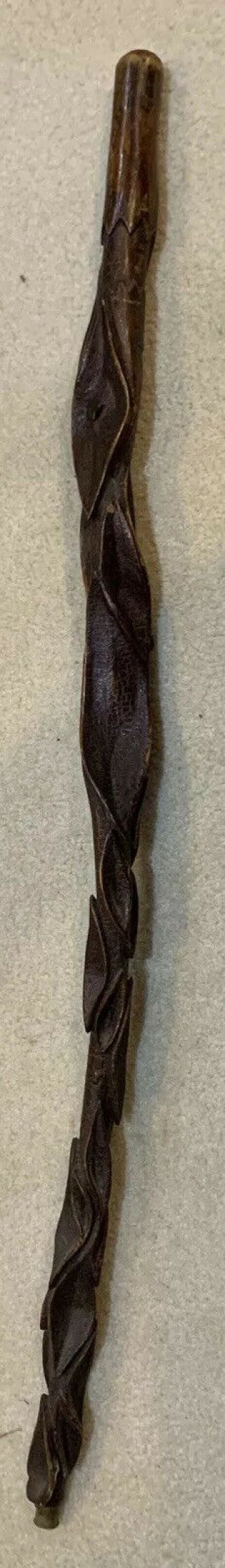Antique Hand Carved Folk Art Figural Fish Leaves Walking Stick Cane