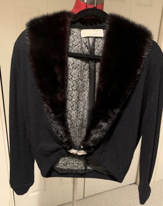 Vintage Black 100 Virgin Cashmere Sweater With Mink Fur Collar Size S/m