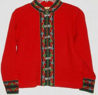 Vtg 60s Norwegian 100 Wool Cardigan Sweater Pewter Clasps M Red Christmas