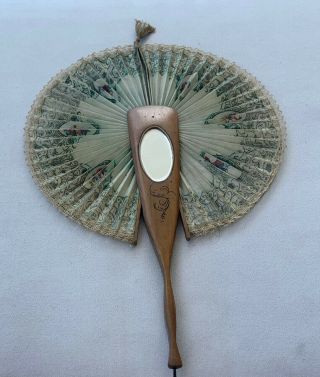 Antique Handheld Fan,  Wood,  Mirror,  String Pull Ricordo,  Italy,  Inlay Sparrow