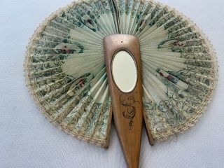 Antique Handheld Fan,  Wood,  Mirror,  String Pull Ricordo,  Italy,  Inlay Sparrow 2