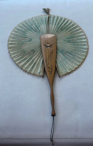 Antique Handheld Fan,  Wood,  Mirror,  String Pull Ricordo,  Italy,  Inlay Sparrow 3