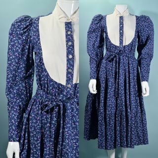 Vintage Blue Calico Prairie Dress,  Cottagecore Gunne Sax Style Midi,  Pockets S