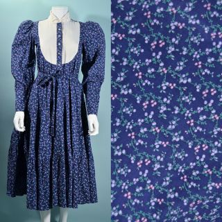 Vintage Blue Calico Prairie Dress,  Cottagecore Gunne Sax Style Midi,  Pockets S 2