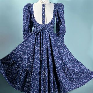 Vintage Blue Calico Prairie Dress,  Cottagecore Gunne Sax Style Midi,  Pockets S 3