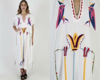Vtg 70s White Mexican Dress Bright Floral Birds Embroidered Cotton Caftan Maxi