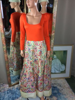 Vtg Victoria Royal Ltd Orange India Inspired Embroidered Sequin Gown Dress