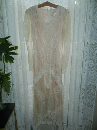 Vtg Susan Lanes Country Elegance 70s Victorian Lace Dress Pink Blush Ivory Sz.  4