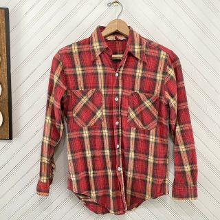 King Kole Mens Vintage Red Plaid Flannel Work Shirt Usa Made 1960s Sz 15.  5