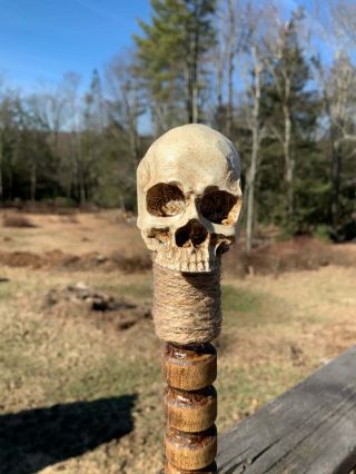 Skull Head Poplar Hand Carved Walking Stick With A Hemp Cord Wrapping