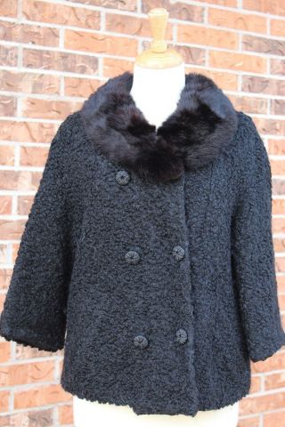 Vintage 1950s Cropped Coat Dress Jacket Curly Lamb Black Wool Mink Fur Collar Lg