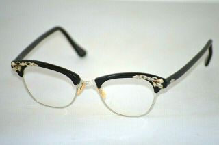 Vintage ARTCRAFT 4 - 5 1/2 12 KGF Black Plastic Women ' s Cat Eye Eyeglasses Frames 2