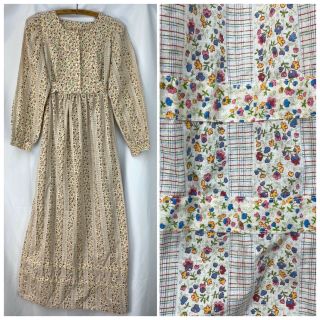 Vintage 70s Prairie Maxi Dress Ditsy Floral Plaid Mixed Print Cottage Modest Xs