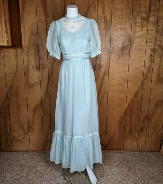Vintage 1970s Candi Jones Blue Prairie Maxi Dress Sheer Embroidered Size Small 9