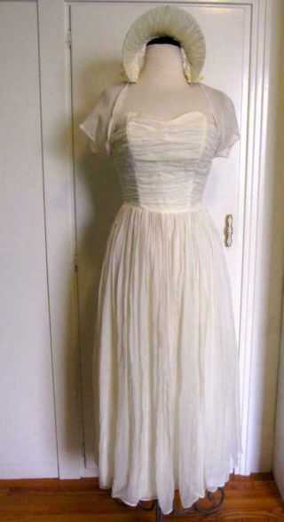 Vtg 40/50s Cream Chiffon Full Skirt Wedding Dress Crop Bolero Jacket Bonnet Veil