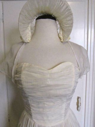 Vtg 40/50s Cream Chiffon Full Skirt WEDDING DRESS Crop Bolero JACKET Bonnet Veil 3