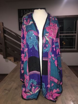 Judith Anne Vintage Black Purple Pink Blue Floral Sequin Kimono Jacket Xlarge