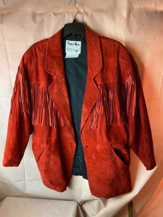 Vintage Pioneer Wear Red Suede Leather Fringe Jacket Size 12 Women 