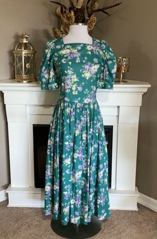 Vintage Laura Ashley Green Floral Prarie Dress Size 6
