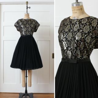 Vntg 1960s Volup Party Dress Silver Gold & Black Lace / Chiffon Mode - O - Day Sz Lg
